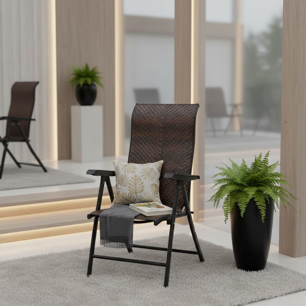 Outdoor heavy-duty dark brown rattan folding patio chair with five-position backrest.