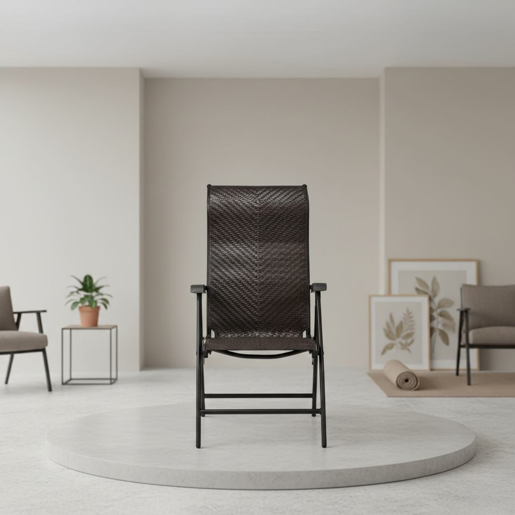 Heavy-duty dark brown rattan folding patio chair with 5-position reclining backrest and weather-resistant powder-coated steel frame.
