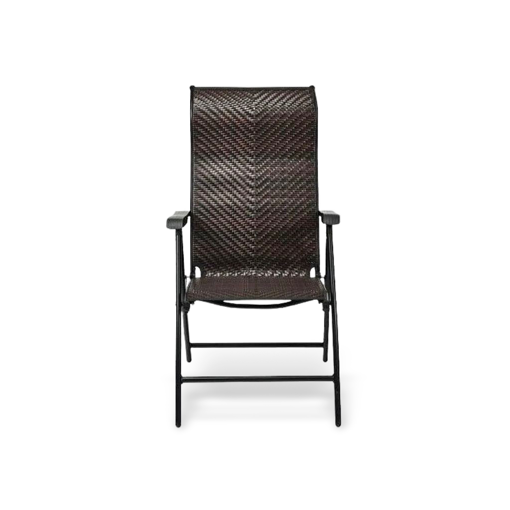 Heavy-duty dark brown rattan folding patio chair with 5-position reclining backrest and weather-resistant powder-coated steel frame.