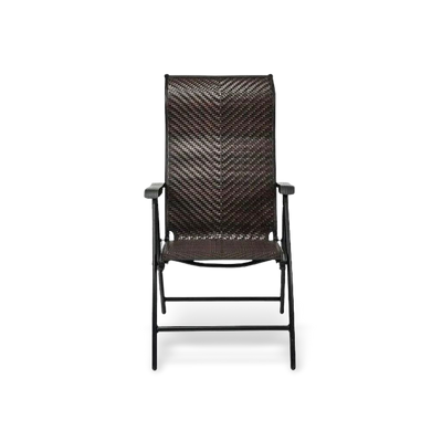 Heavy-duty dark brown rattan folding patio chair with 5-position reclining backrest and weather-resistant powder-coated steel frame.