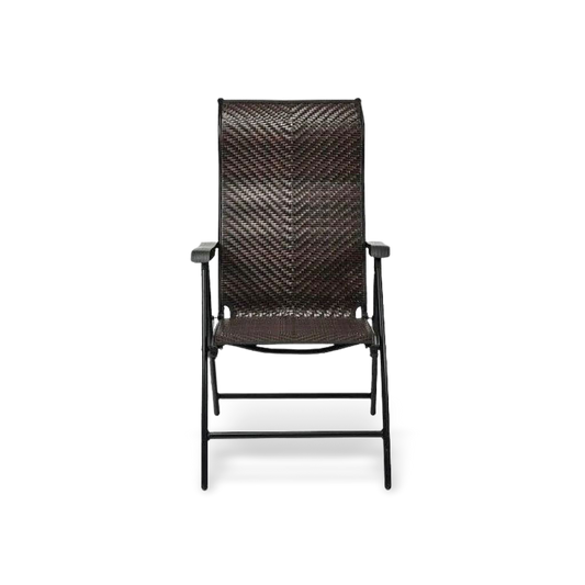 Heavy-duty dark brown rattan folding patio chair with 5-position reclining backrest and weather-resistant powder-coated steel frame.