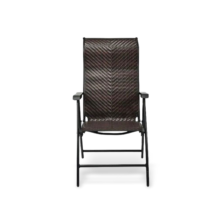 Heavy-duty dark brown rattan folding patio chair with 5-position reclining backrest and weather-resistant powder-coated steel frame.