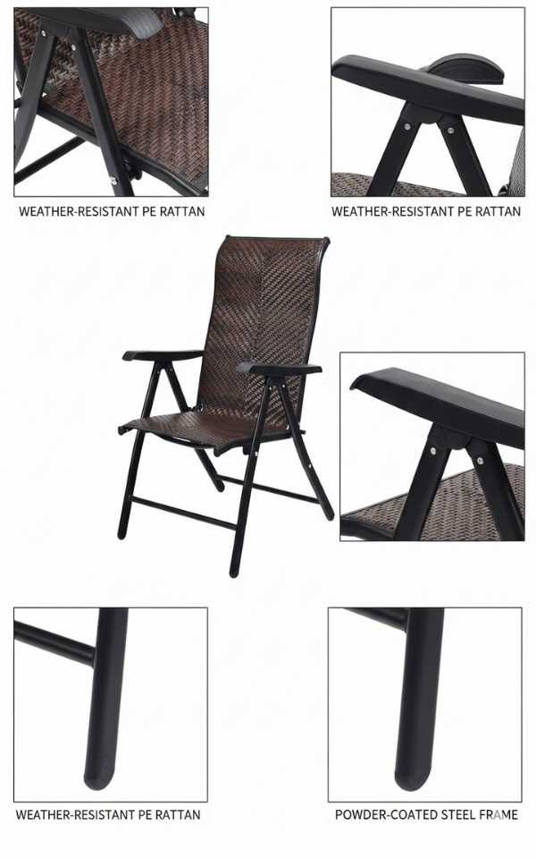 Outdoor heavy-duty dark brown rattan folding patio chair with five-position backrest and powder-coated steel frame.
