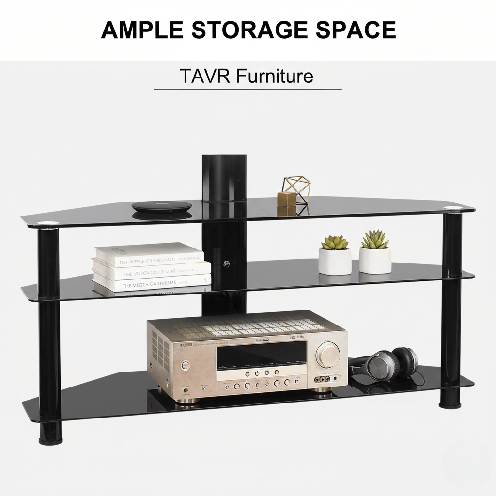 Multi-function 3-tier TV stand with height adjustment and 45-degree swivel for 32 to 65 inch TVs, featuring black glass AV storage.