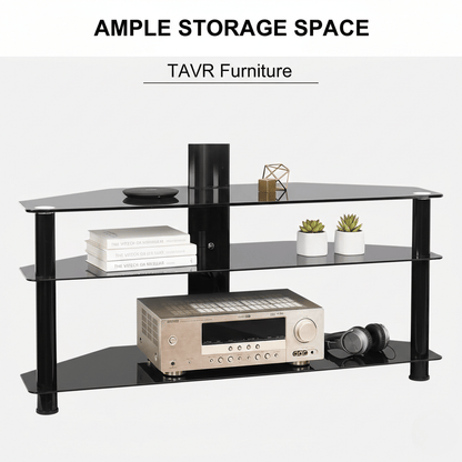 Multi-function 3-tier TV stand with height adjustment and 45-degree swivel for 32 to 65 inch TVs, featuring black glass AV storage.