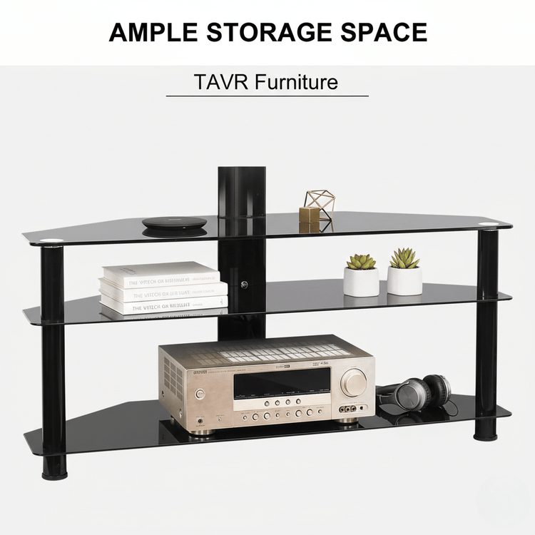 Multi-function 3-tier TV stand with height adjustment and 45-degree swivel for 32 to 65 inch TVs, featuring black glass AV storage.