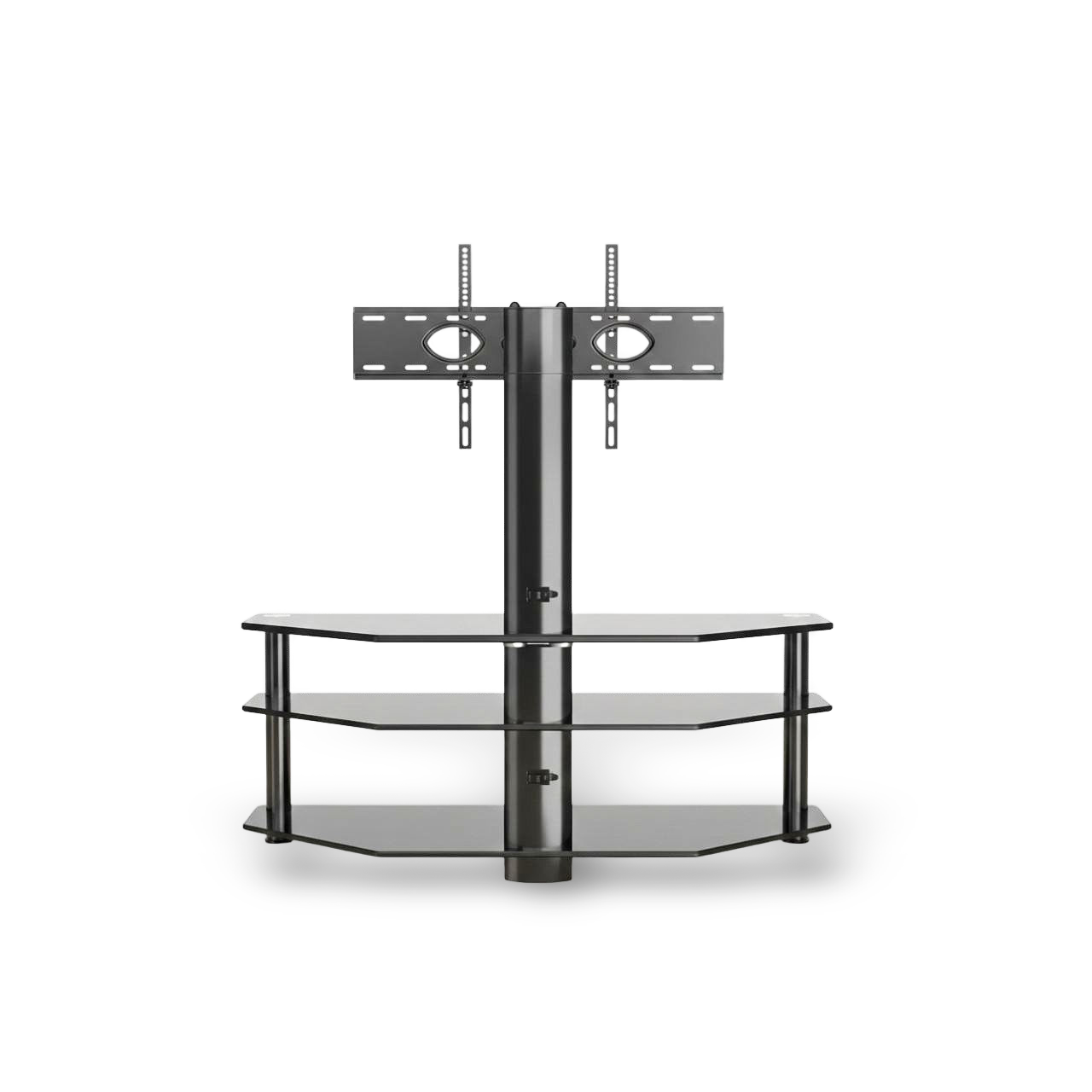 Height-adjustable swivel TV stand with three-tier tempered-glass shelves and wall-mount plate.
