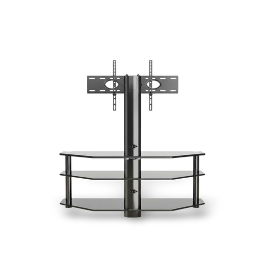 Height-adjustable swivel TV stand with three-tier tempered-glass shelves and wall-mount plate.
