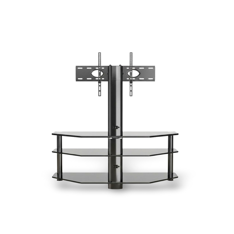 Height-adjustable swivel TV stand with three-tier tempered-glass shelves and wall-mount plate.