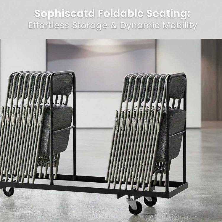 2-pack Hercules folding chairs with fabric seats, cushioned comfort on a rolling cart.