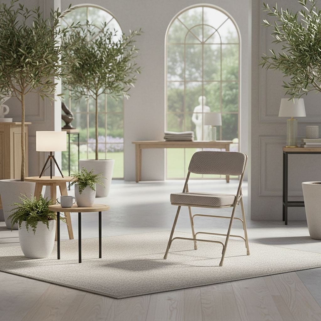 2-pack of Hercules series folding chairs with gray fabric cushioned seats and heavy-duty frames, foldable design for compact storage.