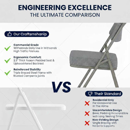 2-pack of Hercules series folding chairs with gray cushioned fabric seats and heavy-duty 500lb capacity fra (feature callout)