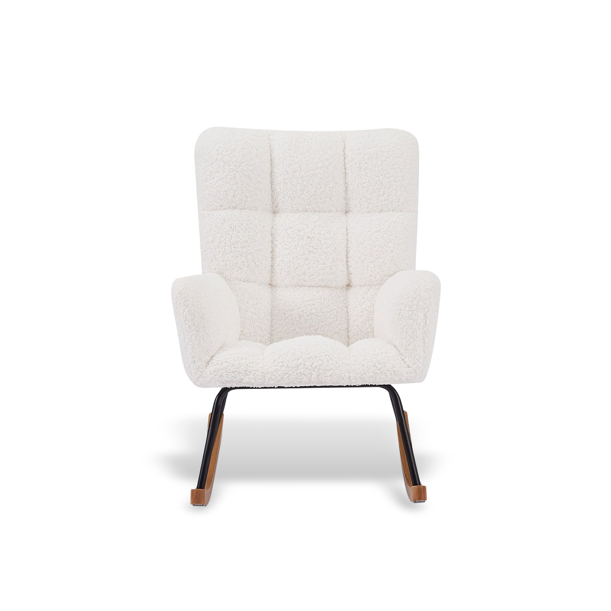 Ergonomic white bouclé rocker featuring a tall backrest for head and neck support; styled with light wood rockers for a contemporary living room.