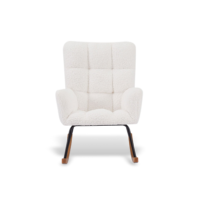 Ergonomic white bouclé rocker featuring a tall backrest for head and neck support; styled with light wood rockers for a contemporary living room.