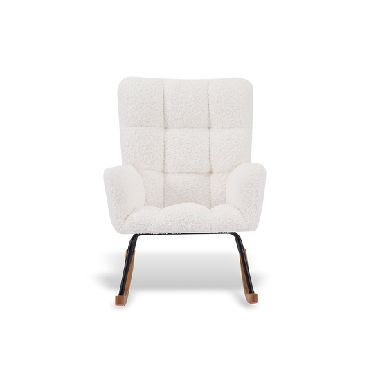 Ergonomic white bouclé rocker featuring a tall backrest for head and neck support; styled with light wood rockers for a contemporary living room.