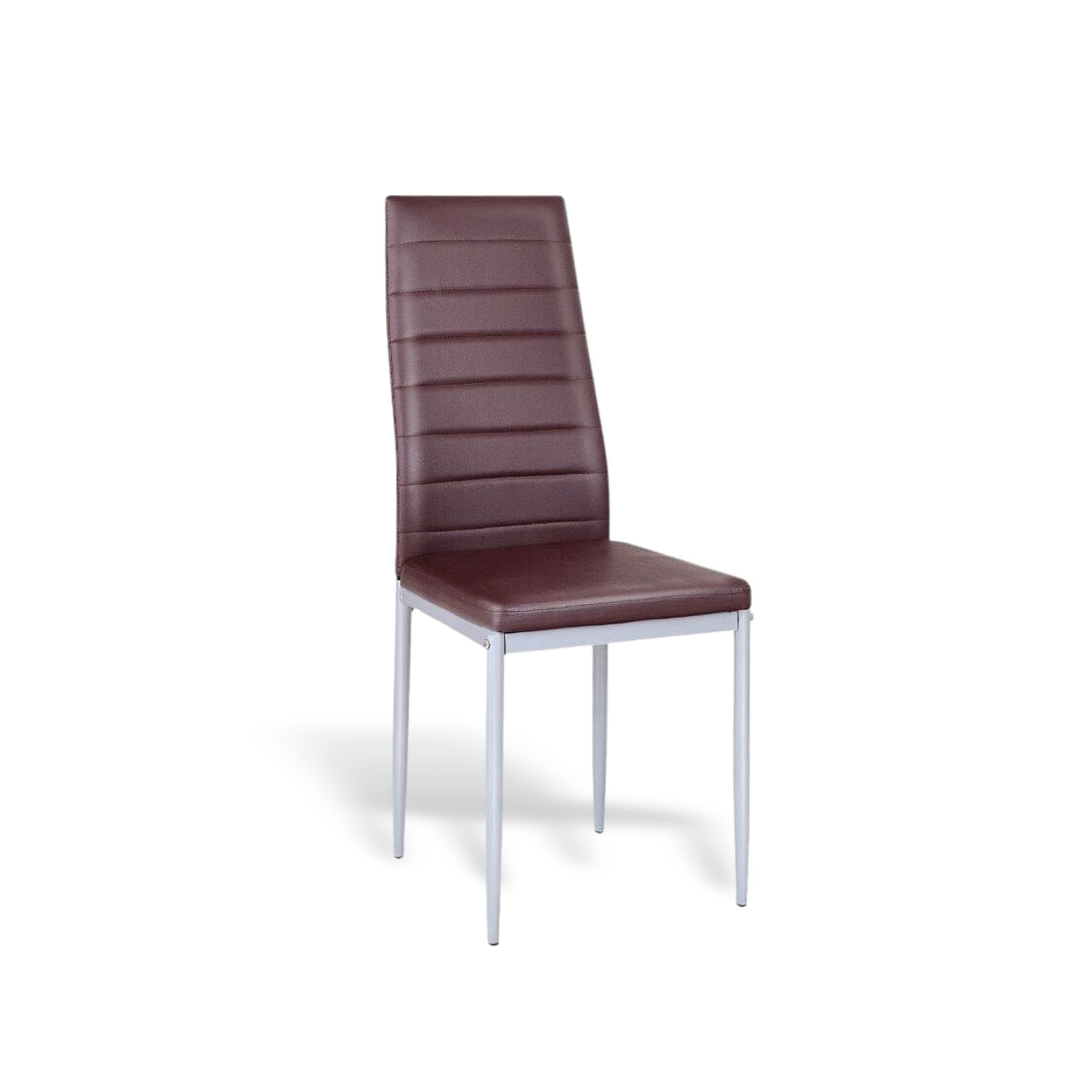 Modern dining chair with high-back brown PVC upholstery and white legs. (set of 4)
