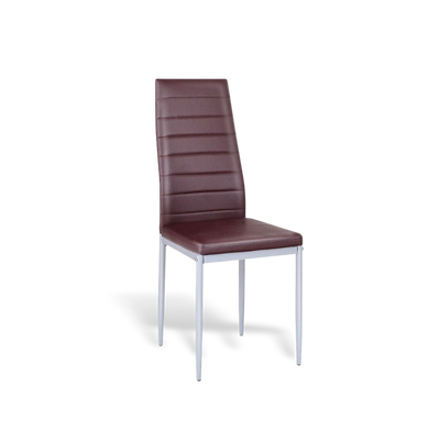 Modern dining chair with high-back brown PVC upholstery and white legs. (set of 4)