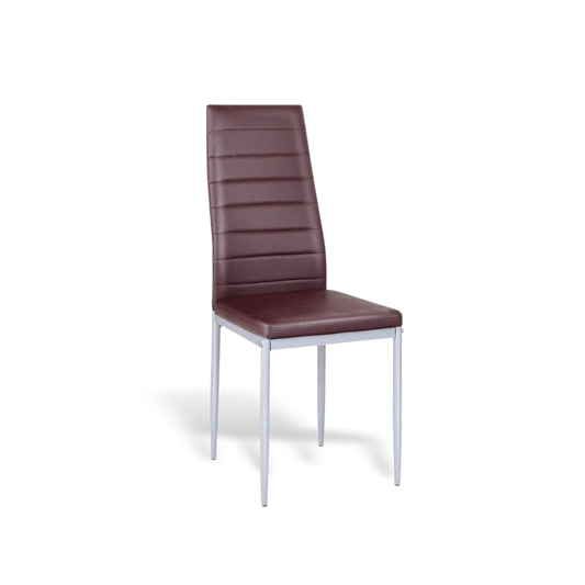 Modern dining chair with high-back brown PVC upholstery and white legs. (set of 4)