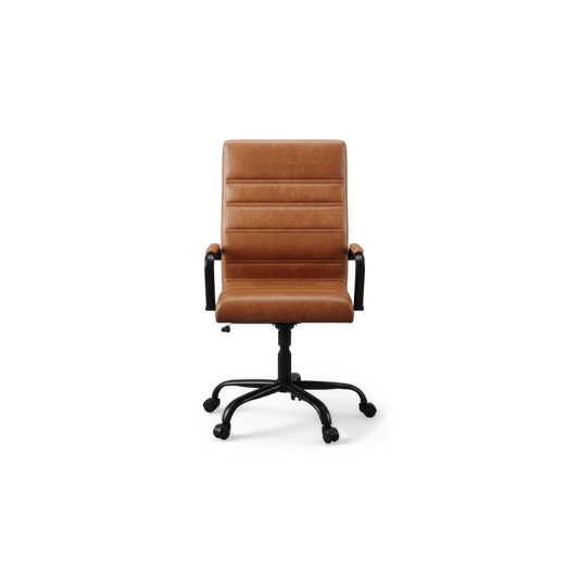 High back leather desk chair in brown faux leather with black metal arms and five-star base, front three-quarter view