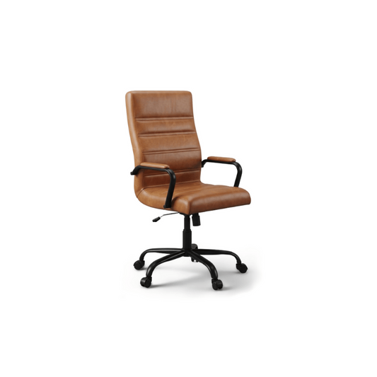 High back leather desk chair in brown faux leather with black metal arms, rotated to show the profile