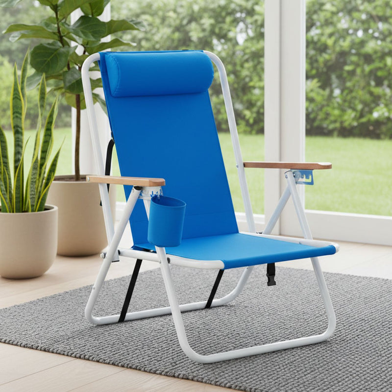Portable high-strength beach chair with adjustable headrest, blue fabric, white frame, wooden armrests and cup holder.