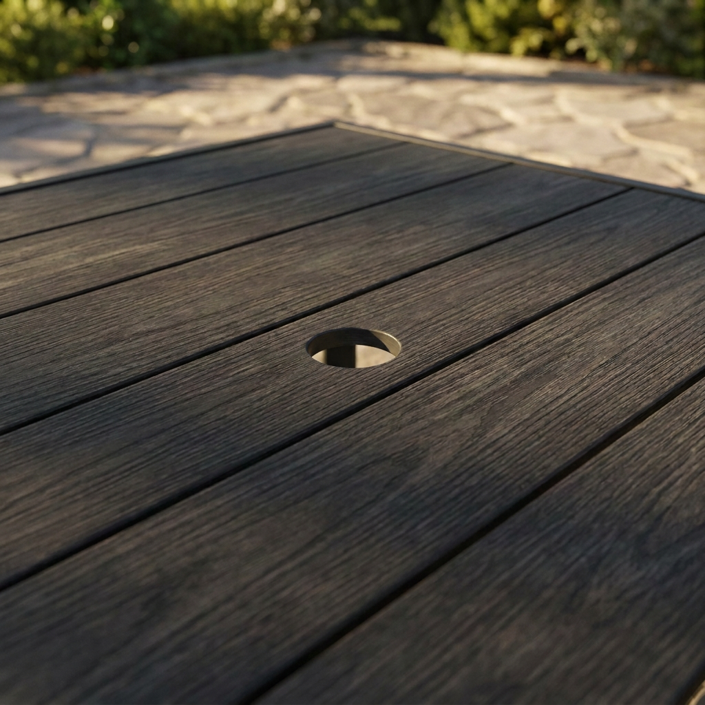 Table circular umbrella hole close-up outdoors (close-up detail)