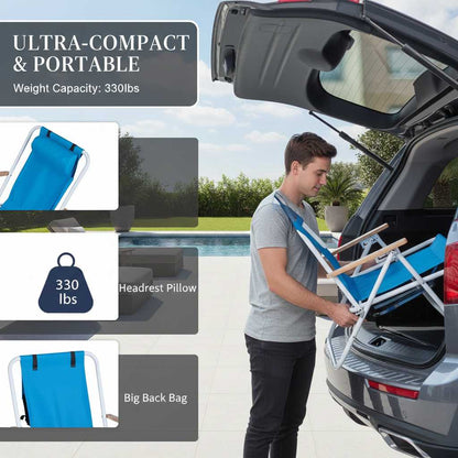 Demonstration of storing a blue portable beach chair with an adjustable headrest in a car trunk, showing th (feature callout)