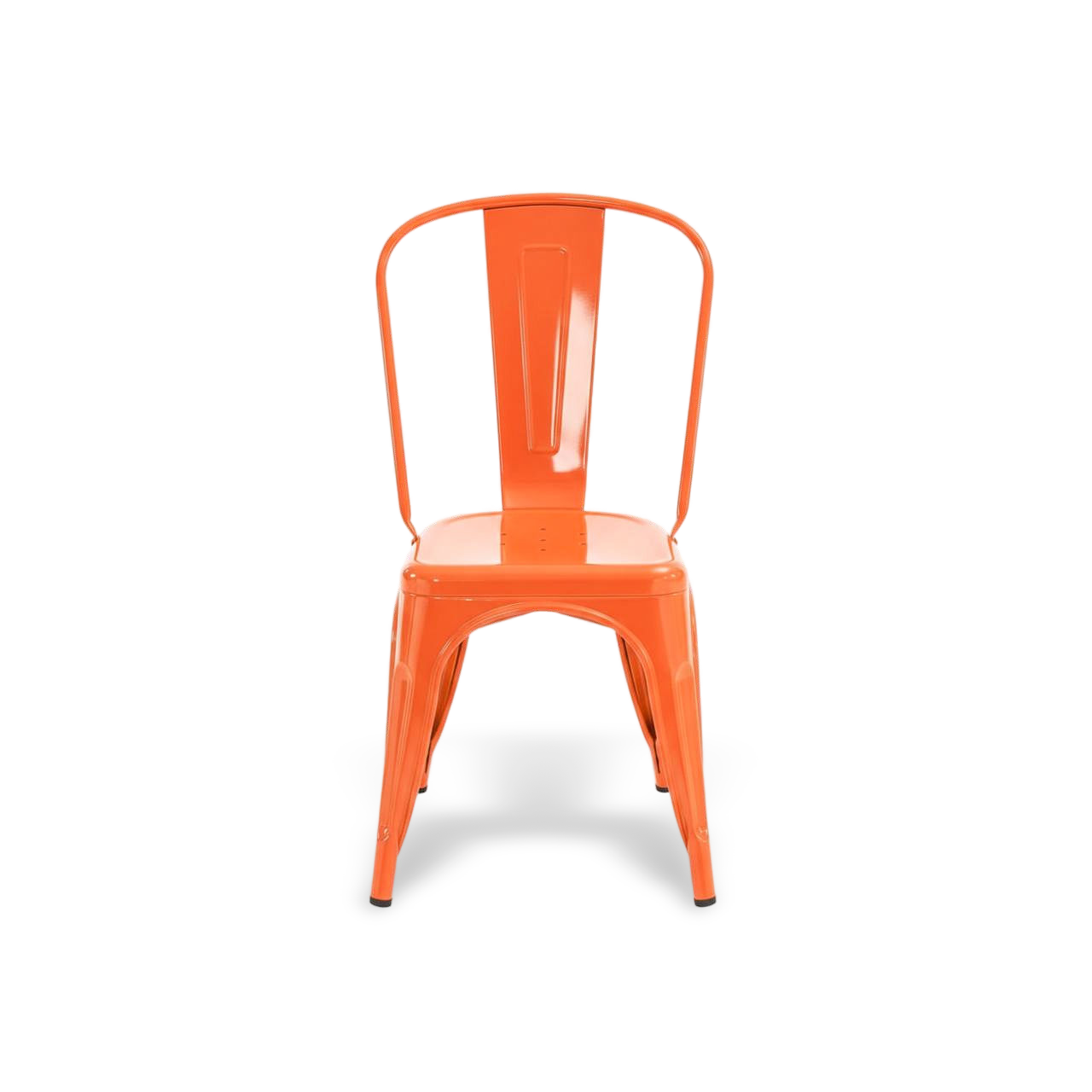 Vibrant rust dining chair with stackable design in metal, industrial farmhouse style.