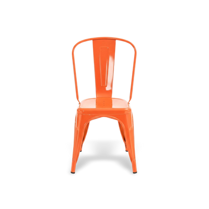 Stackable Tolix-style dining chair detail on a #f3f3f3 studio background