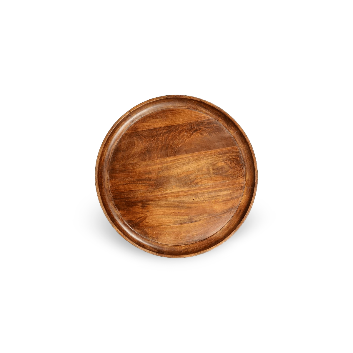 Top-down detail view of the organic wood grain on a round mango wood coffee table with splayed industrial metal legs.
