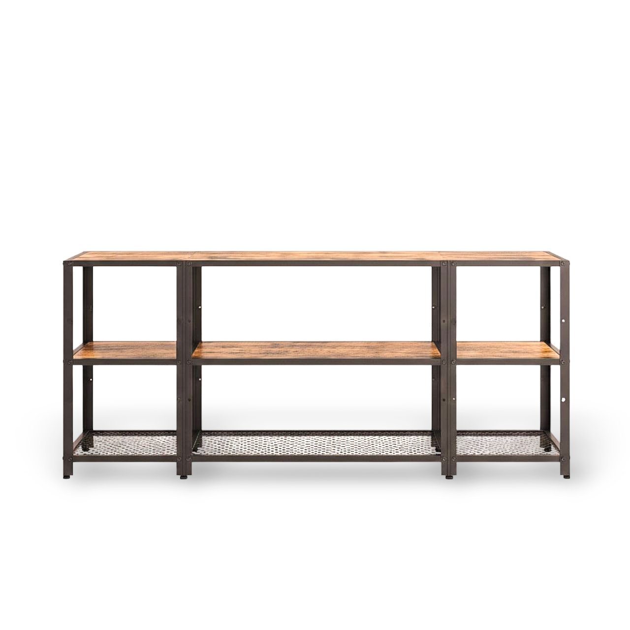 Industrial metal-and-wood TV stand for 65-inch TVs with open shelves and a perforated base.