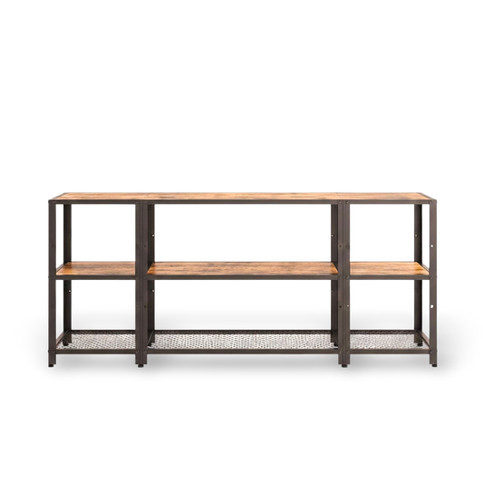 Industrial metal-and-wood TV stand for 65-inch TVs with open shelves and a perforated base.