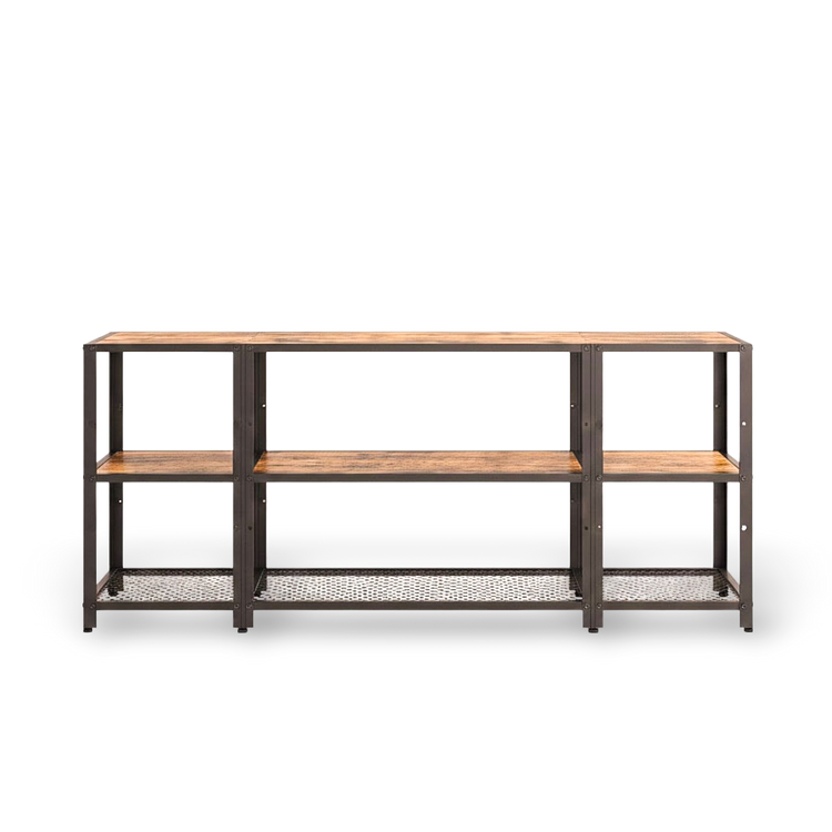 Industrial metal-and-wood TV stand for 65-inch TVs with open shelves and a perforated base.