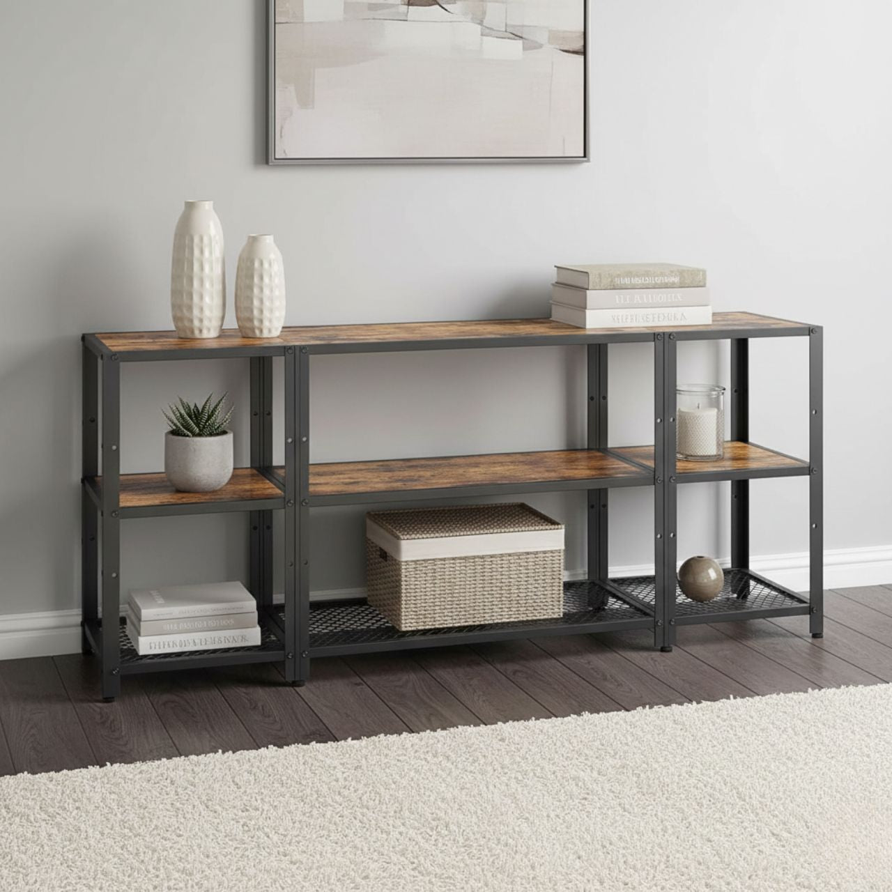 Industrial metal-and-wood TV stand with open design, adjustable shelves, and hidden storage for cables and remotes.