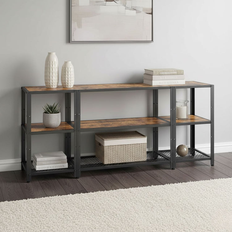 Industrial metal-and-wood TV stand with open design, adjustable shelves, and hidden storage for cables and remotes.