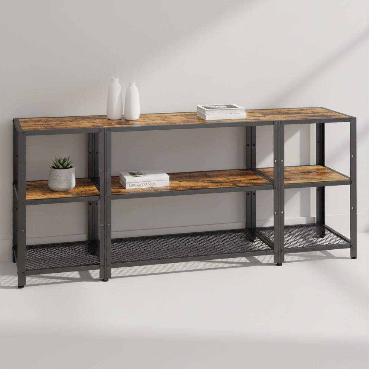 Industrial metal-and-wood TV stand with open frame, adjustable shelves, and lower mesh storage shelf.