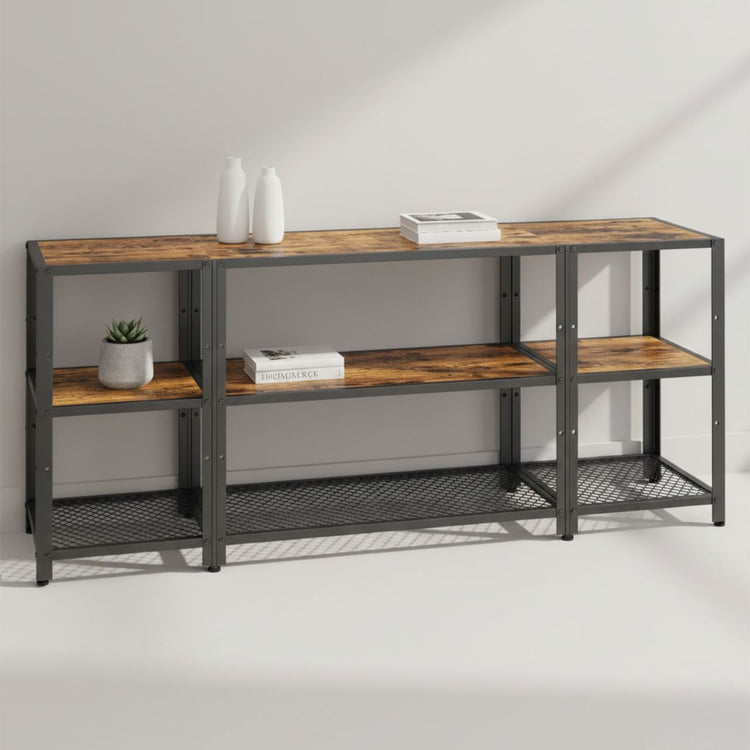 Industrial metal-and-wood TV stand with open frame, adjustable shelves, and lower mesh storage shelf.