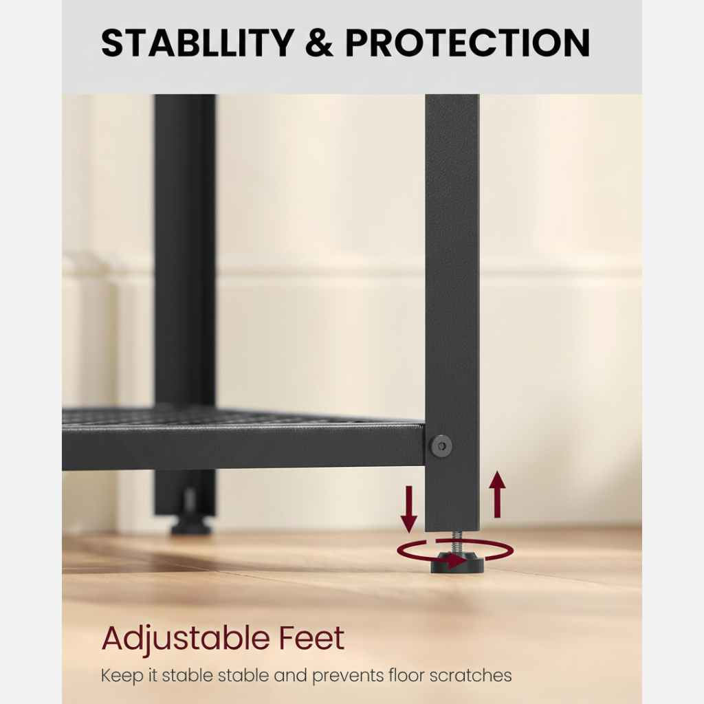 Industrial TV stand with adjustable feet and metal-wood frame, hidden storage for up to 65-inch TVs.