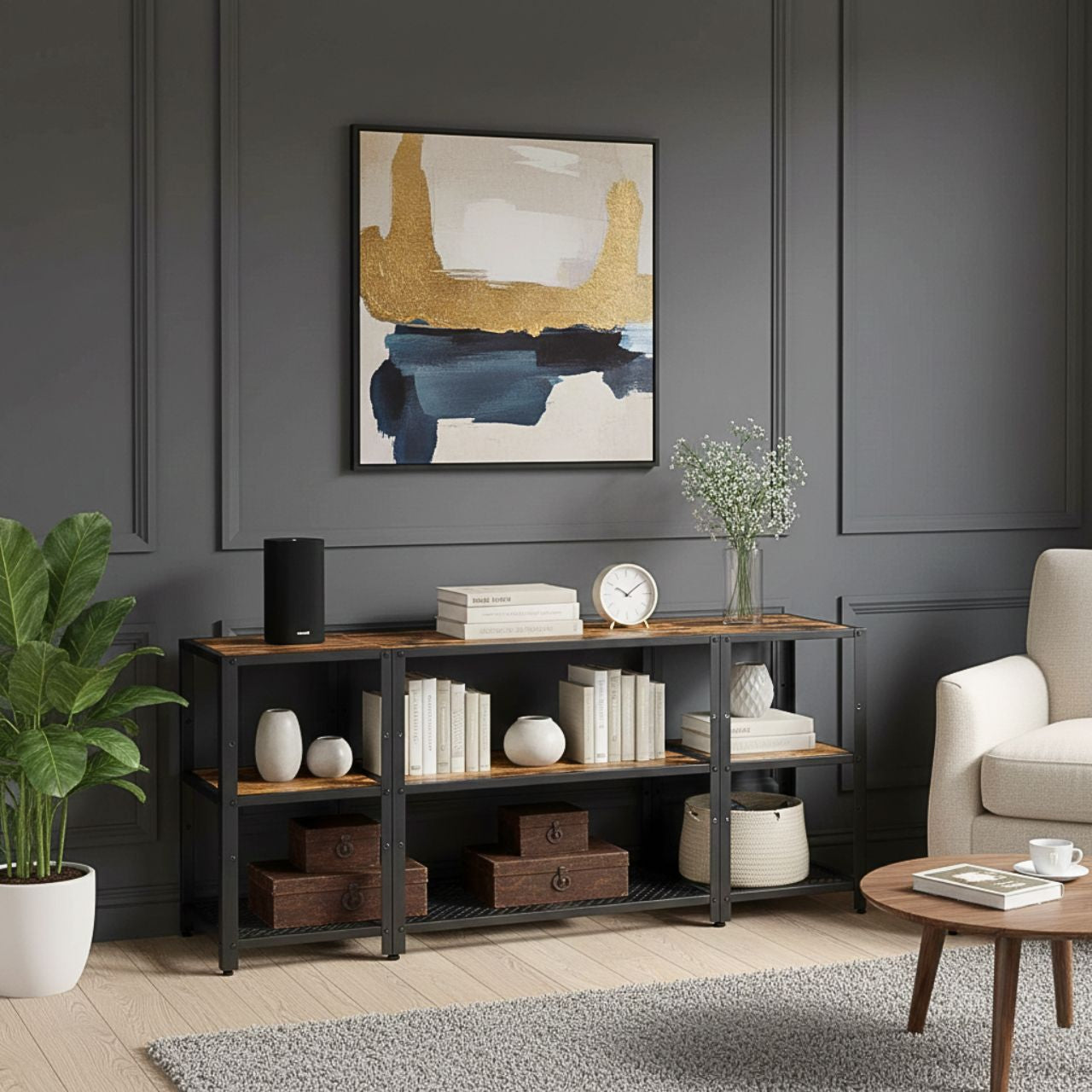 Industrial metal-and-wood TV stand with hidden storage, adjustable shelves, open design for airflow and cable access.