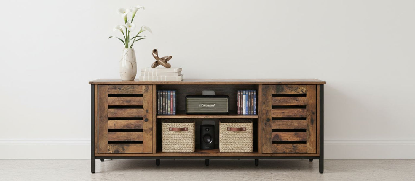 Modern mid-century industrial TV stand with louvered doors, wood and iron, hidden storage and baskets.