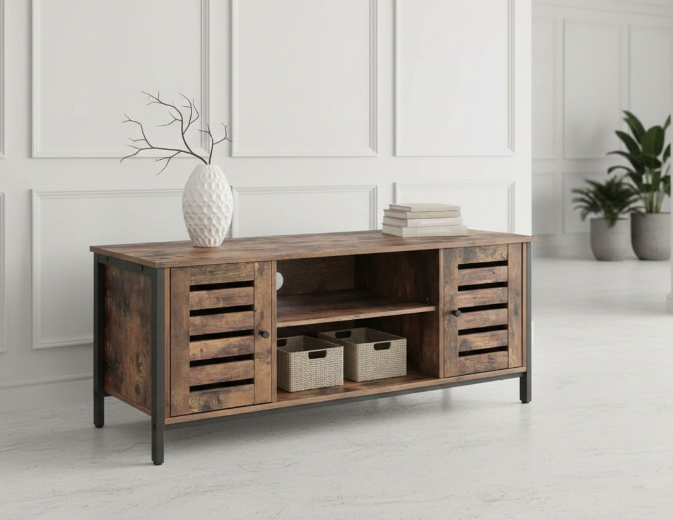 Modern mid-century industrial TV stand featuring louvered doors, a black iron frame, and a center open shelf with storage baskets.