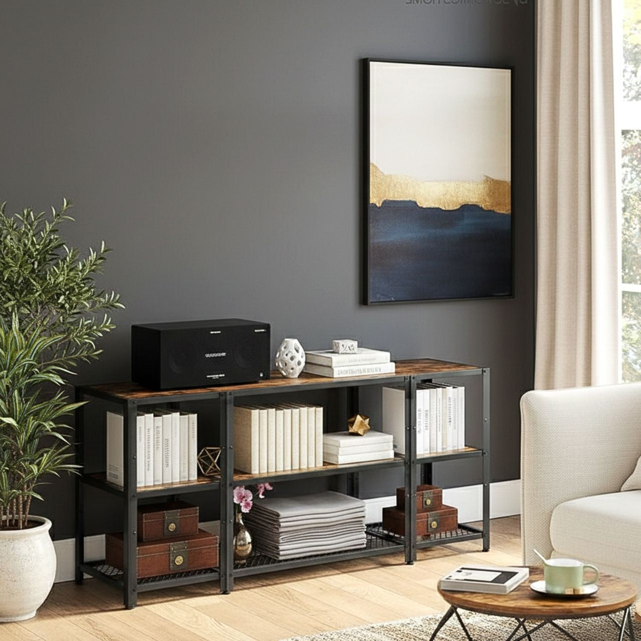 Industrial metal-and-wood TV stand with open shelves and hidden storage for 65-inch TVs