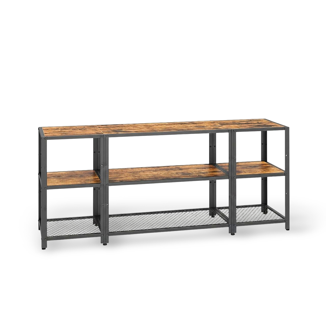 Industrial metal and wood TV stand entertainment center with hidden storage and adjustable shelves for 65-inch TVs.