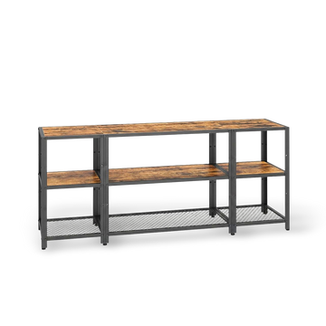 Industrial metal-and-wood TV stand for 65-inch TVs with open shelves and a perforated base.