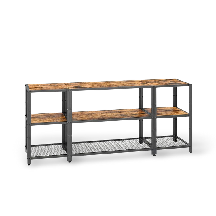 Industrial metal and wood TV stand entertainment center with hidden storage and adjustable shelves for 65-inch TVs.