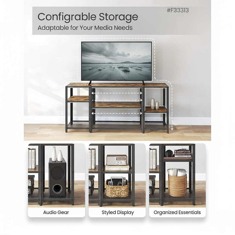 Industrial metal-and-wood TV stand with hidden storage, open design, and adjustable shelves for a 65-inch TV features.