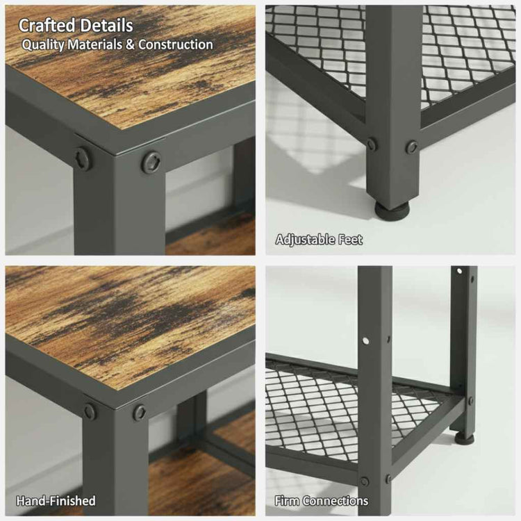 Industrial metal-and-wood TV stand with hidden storage, open frame for airflow, adjustable shelves for 65-inch TVs.