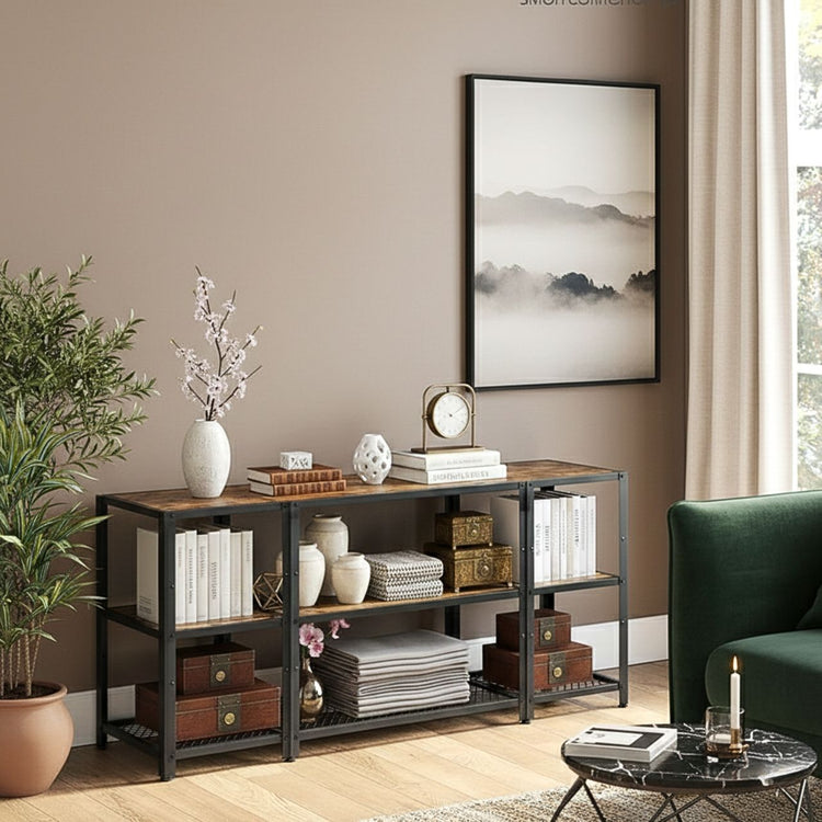 Industrial metal-and-wood TV stand with open shelves and hidden storage; adjustable shelves for a 65-inch TV.