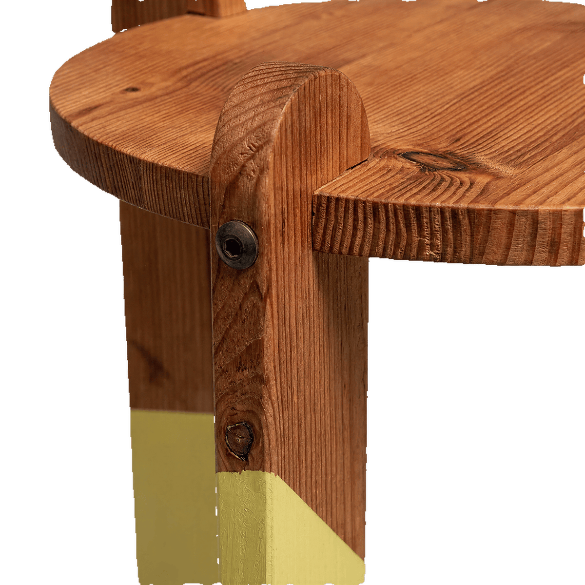 Intersecting-Leg Side Table brass pivot screw joinery detail, solid Doug fir with hand-dipped color leg