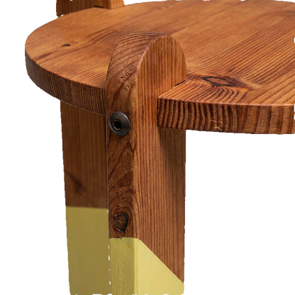Intersecting-Leg Side Table brass pivot screw joinery detail, solid Doug fir with hand-dipped color leg